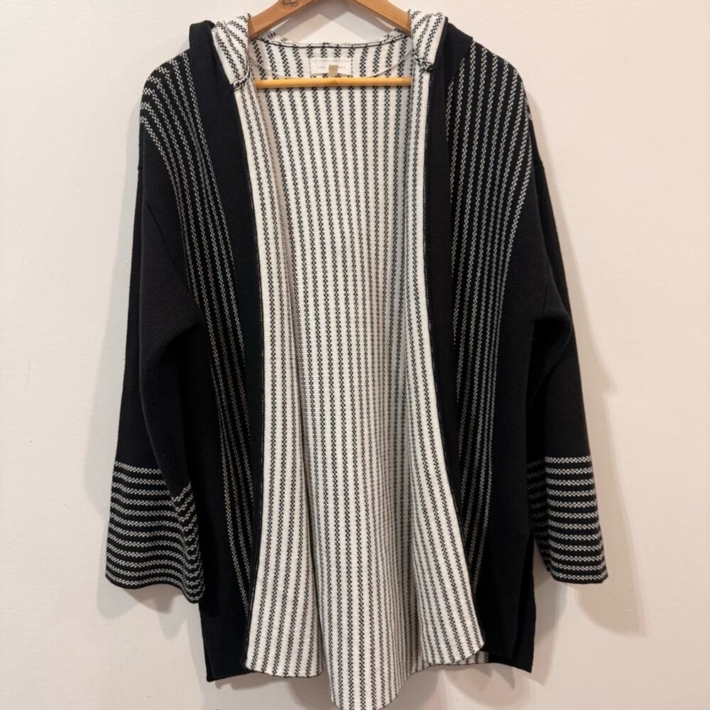 Lou & Grey Black White Striped Hooded Open Front Cardigan Sweater Women's Size L